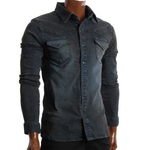 Mens Slim Fit Premium Stretchy Denim Shirts Charcoal