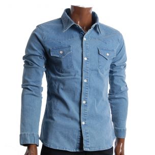 Mens Slim Fit Premium Stretchy Denim Shirts LightBlue