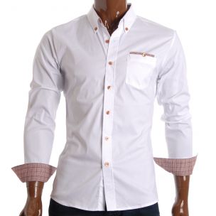 Mens Slim Fit Checker Pocket Casual Dress Shirts White