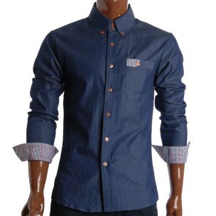 Mens Slim Fit Casual Denim Shirts DarkBlue